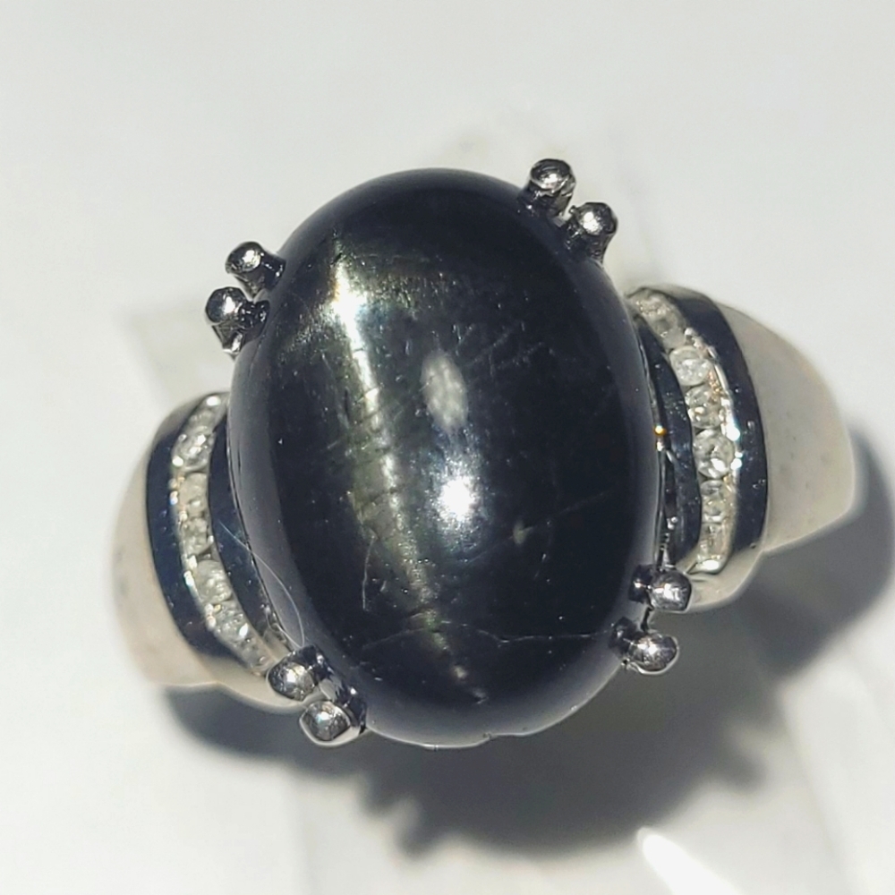 Ring 8 carat Black Tourmaline and Diamond Sterling Silver sz 10